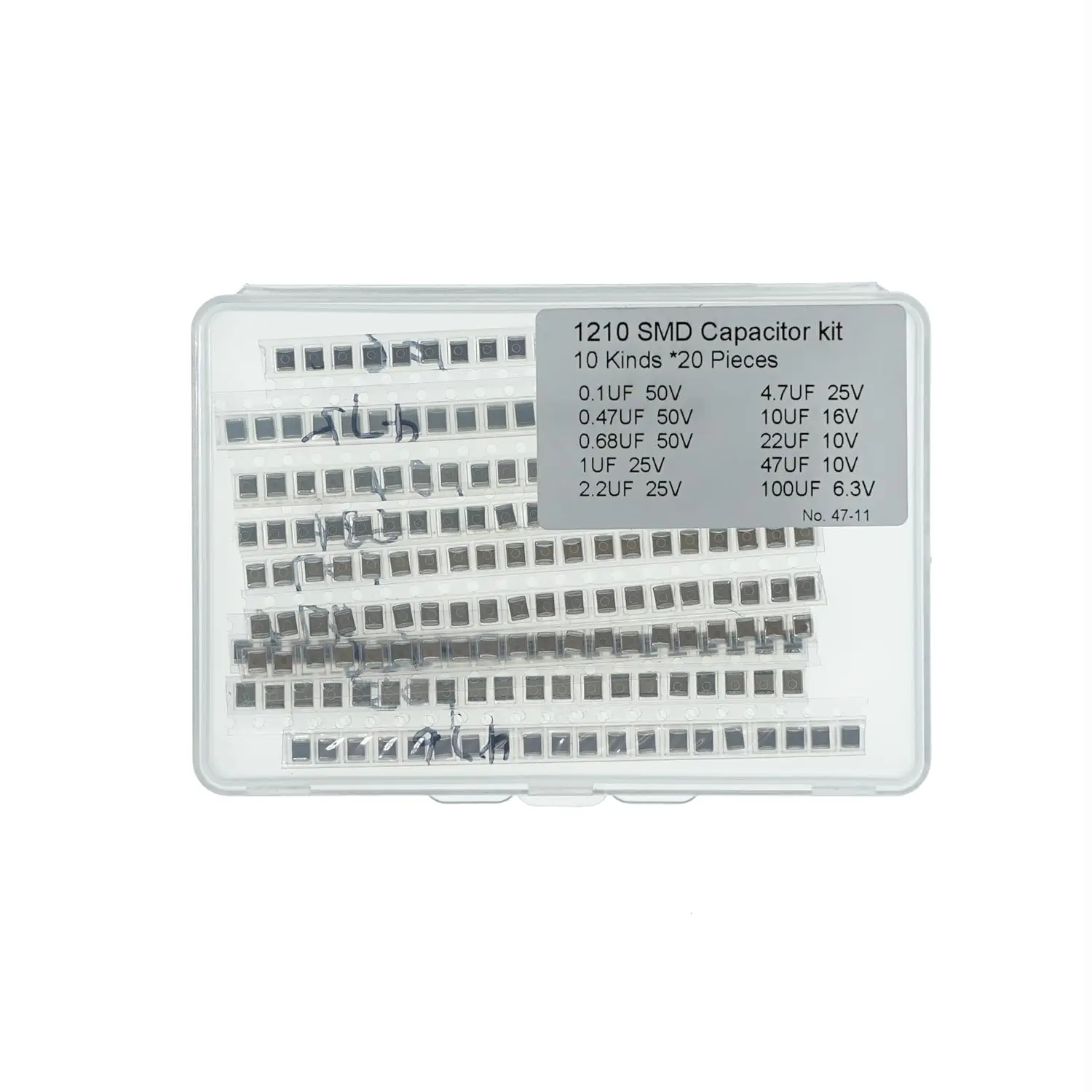 

10 значений x 20 шт. Конденсатор 1210 SMD Ассорти комплектов 0,1 мкФ 0,47 мкФ 0,68 мкФ 1 мкФ 2,2 мкФ 4,7 мкФ 10 мкФ 22 мкФ 47 мкФ 100 мкФ MLCC