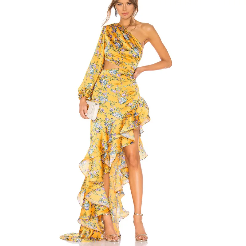

Women's clothing fashionable and sexy slim-fitting hip-wrapped slanted shoulder floral irregular lotus leaf dress simple tempera
