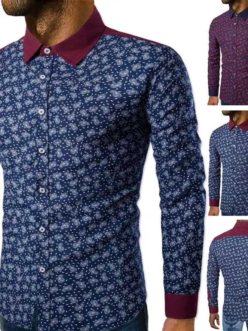 

Autumn New Men's Longsved Shirt Contrast Color British Style Thickened Long Sleeve Casual Cleanfit PU Leather Floral Print