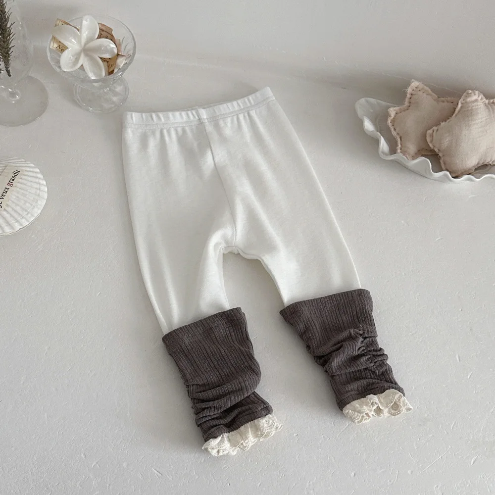 Herbstliche Mädchen-Strickstrumpfhose mit Spitzenrüschen, einfarbig, mit Baumwoll-Einsätzen, weiche, atmungsaktive Kinder-Leggings – Detail 8