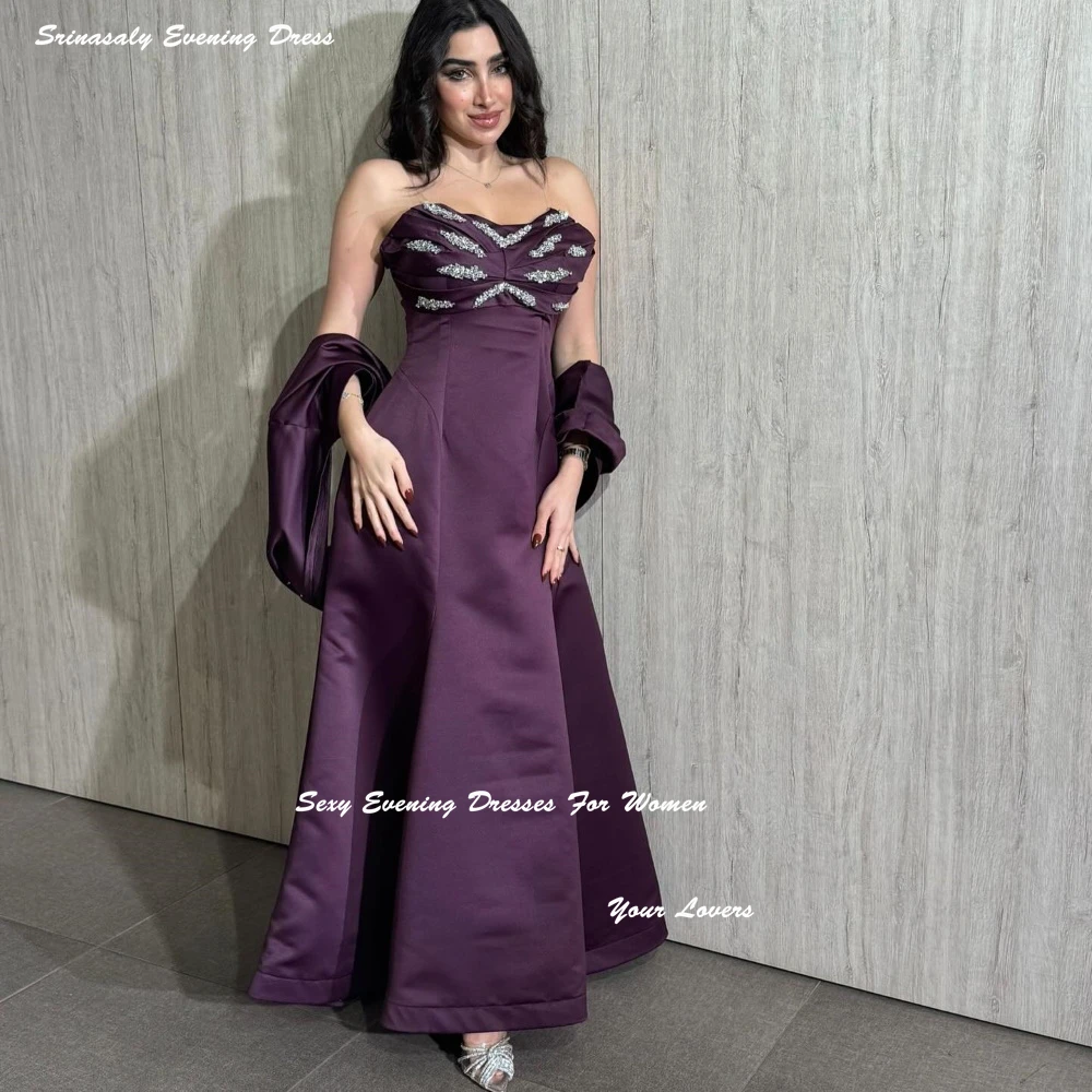 

Customized Purple Satin Evening Dresses For Women Strapless Cocktail Party Gowns With Crystal Floor-length Prom Dress 2025