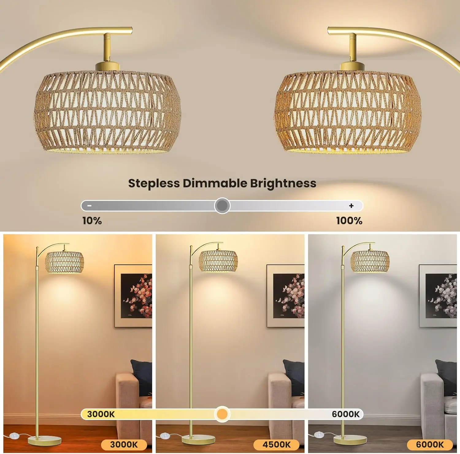 

Arc Floor Lamp For Living Room,Farmhouse Floor Lamps With Remote Control & Dimmable Bulb,Gold Boho Rattan Tall Standing Lamp