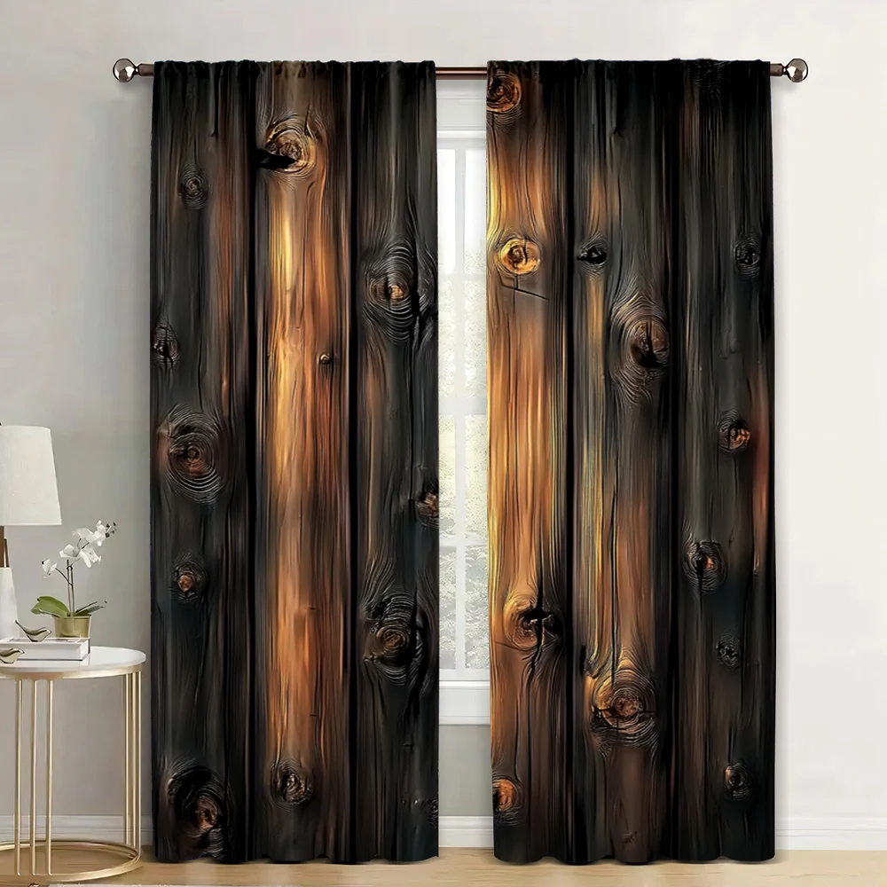 2Pcs Vintage Wood Textured Curtains Rustic Light Filtering Curtains For Kitchen Living Room Office Bedroom Home Decor