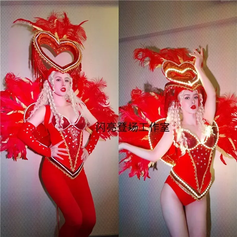 

Shining debut red love feather LED luminous backboard nightclub female dance tour performance 3-piece set