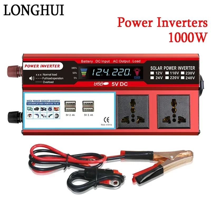 1000W Pure Sine Wave Inverters DC 12V/24V To AC 110V/220V Transformer Double Socket Power Converters Solar Inverters LED Display