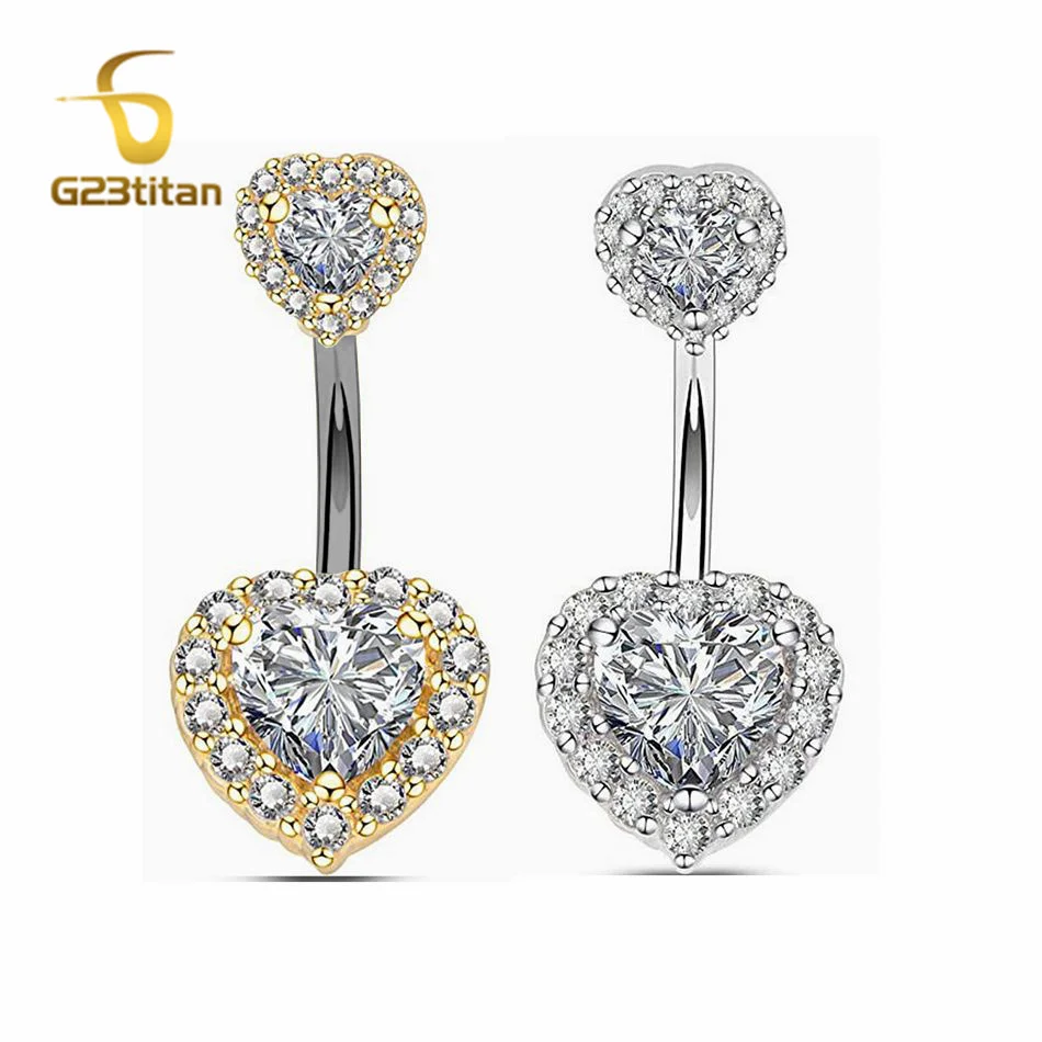 G23Titan Double Side Zircon Heart Navel Rings 6-16mm Length G23 Titanium Curved Barbell Piercings Hypoallergenic Belly Jewelry