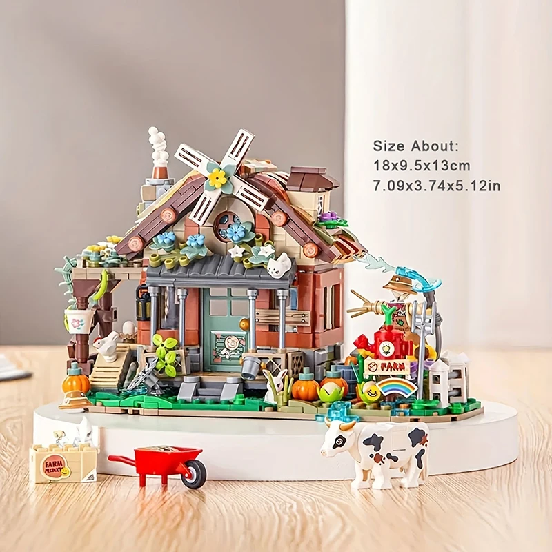 Country House Building Block Set DIY Farm Windmill Animal Model Small Particle Assembled Bricks Children\'s Toys Holiday Gifts