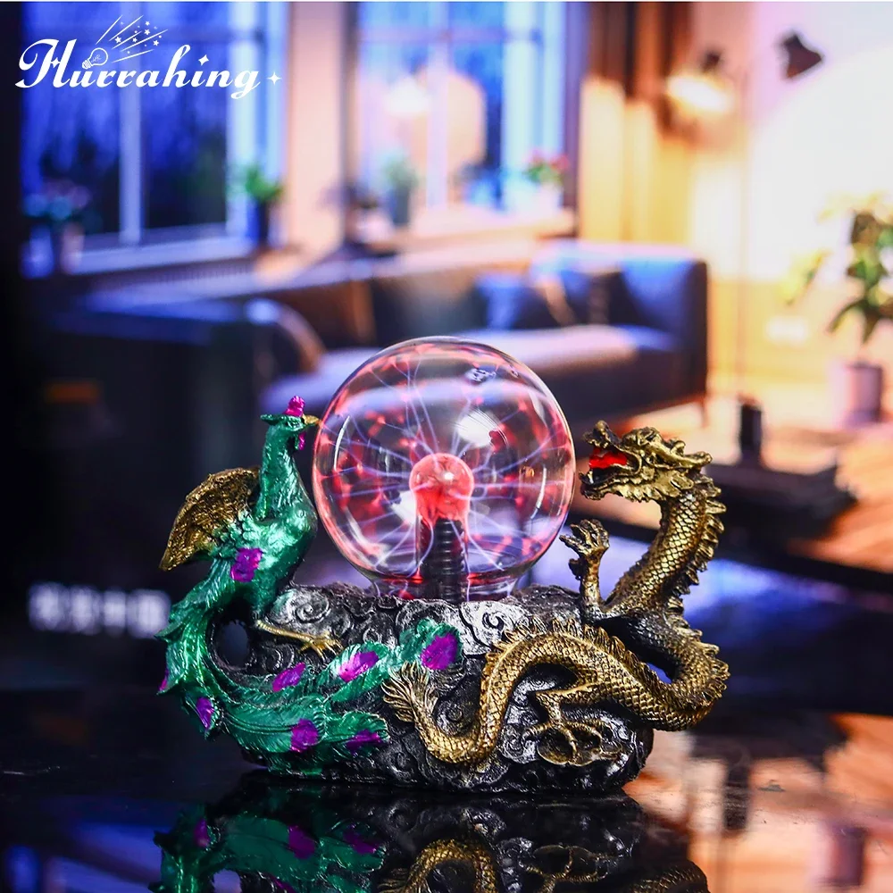 Chinese Style Dragon and Phoenix  Crystal Plasma Lamp 4 Inch Ball Touch Sensing Science Enlightenment Cool Interior Decoration