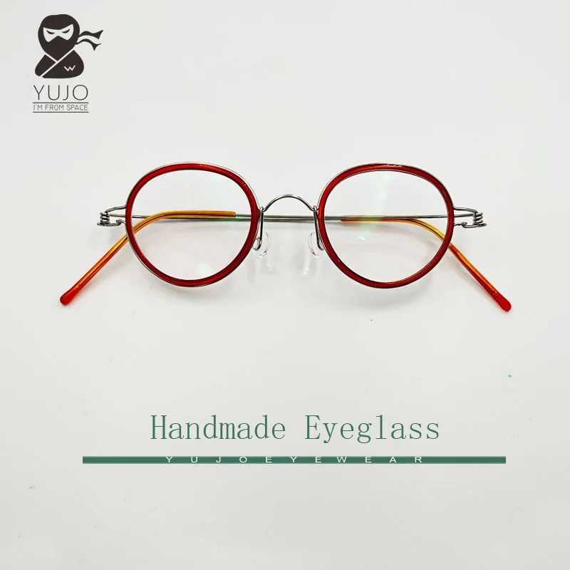 Handmade screw free ultra light eyeglass frame suitable for men and women's metal+acetate fiber Boston pear shaped glasses