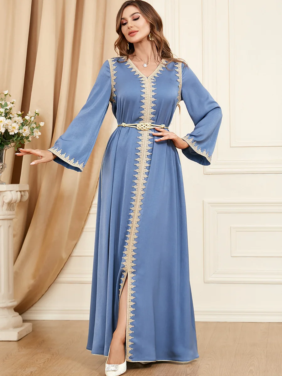 Middle Eastern Arab Muslim  Graceful Women Autumn Winter Abaya Dress Full Sleeves Satin Belt Elegant Dubai Kaftan Robe Gowns