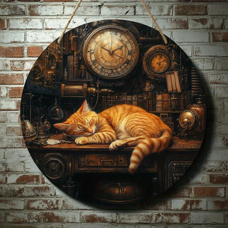 Panneau rond en bois chat steampunk plat 2D, 1 pièce, avec équipement rétro et conception d'horloge, décoration de maison et de bureau, aucune puissance requise —— sjs