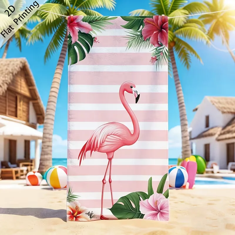 Pink Striped Flamingo Tropical Hibiscus Print Beach Towel  Quick Dry Sand Proof Soft Absorbent Swimming Pool Travel Yoga Towels