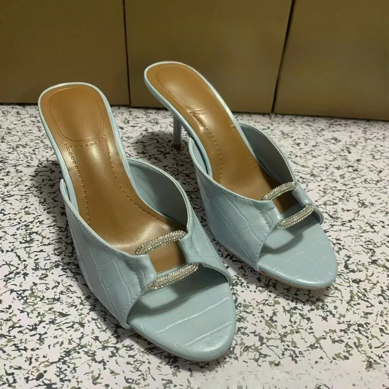 

Open Toe High Heels Women Mules Sandals Luxury Rhinestone Buckle Fashion Summer Footwear Stiletto Hollow Out Lady Party Shoes