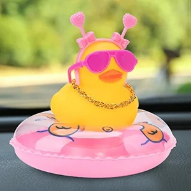 Rubber Duck Car Ornaments Duck Car Dashboard Decorations with Cute Headband Necklace Sunglasses, B-Pink Double Heart Headband