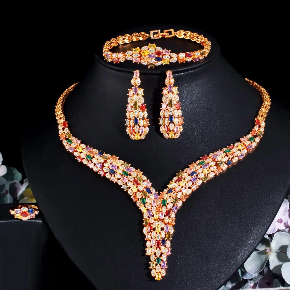 

4pcs Cubic Zircon Crystal Water Drop Pendant Necklace Earrings Bracelet Ring Bridal Wedding Jewelry Set Women Rhinetsone Choker