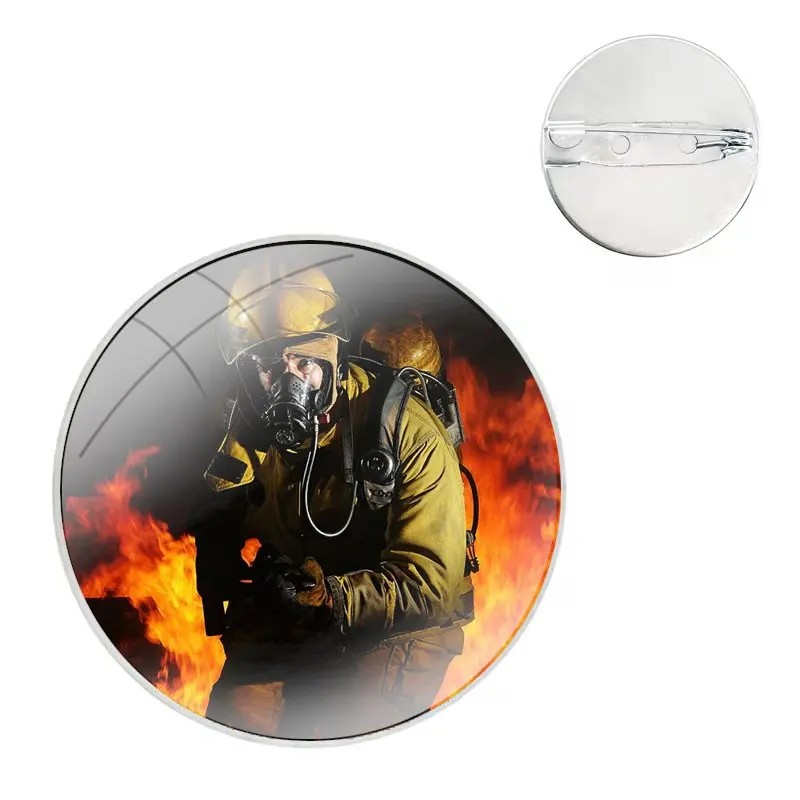 Glass Dome Brooches Shirt Lapel Bag Cute Badge Pins For Clothes Hat Accessories Firefighter Heroes Fireman