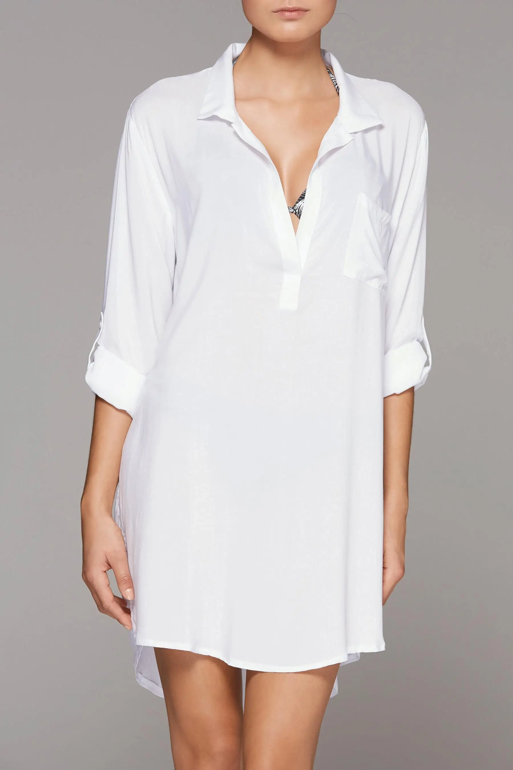 F4585 Women's Sexy Translucent Deep V Neck White Swimsuit Cover Up Dress with Pocket