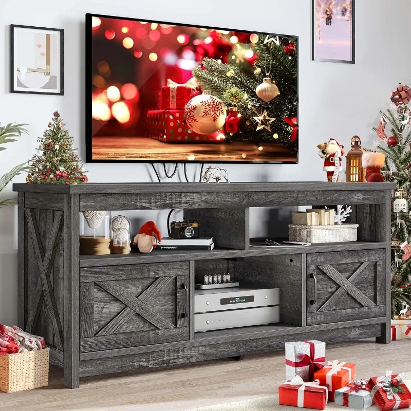 TV Stand with Power Outlet Storage Cabinets and Open Shelf Rustic Media Console TV Cabinet for Living Room