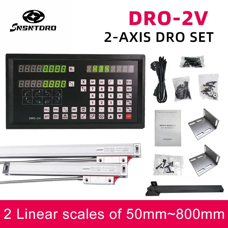 DRO-2V Digital readout Display AC90-260V & 2 Pieces 50-800mm Linear Glass Scale Encoder Grating Ruler For Lathe milling machines