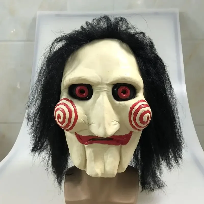 Movie Saw Chainsaw Massacre Jigsaw Puppet Masks with Wig Hair Latex Creepy Halloween Horror Scary Mask Unisex Party Cosplay Prop