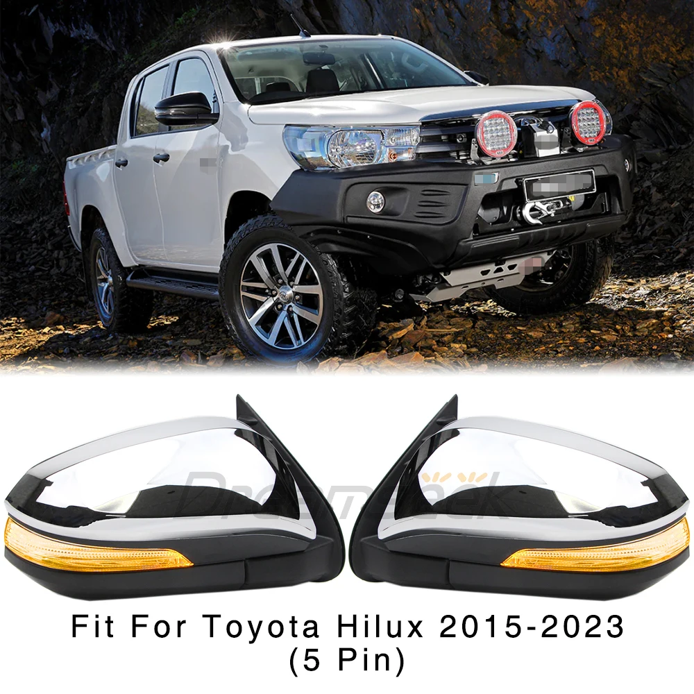 

LED Rear View Side Door Wing Mirror Fit For Toyota Hilux Revo 2015 2016-2023 With Turn Signal 5 Pin Exterior Chrome Trim