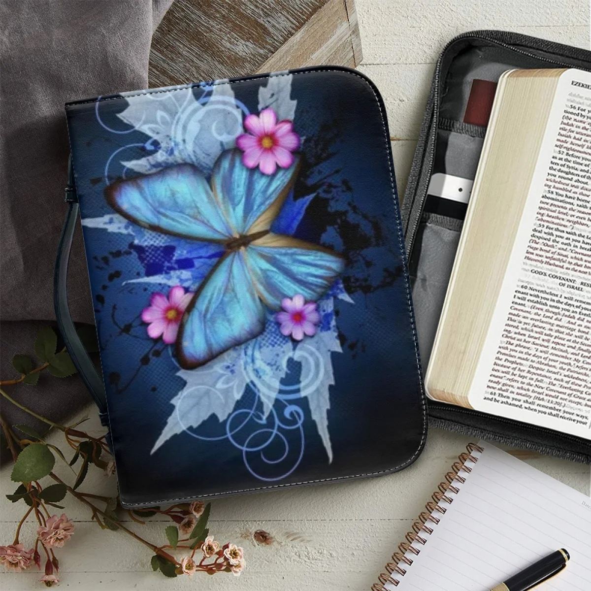 

Trendy Art Butterfly Print Women's Leather Handbags Zippered Handle Bible Bag Classic Practical Church Bible Holy Storage Boxes