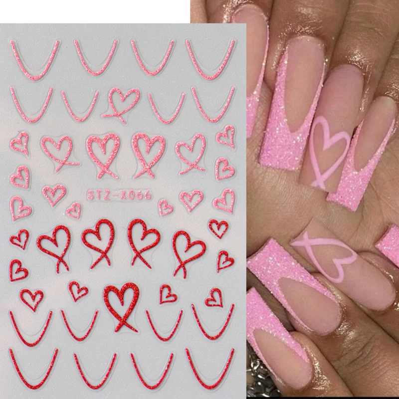 2pcs Sparkly Glitter Heart French Line Nail Stickers Pink Red Valentine Slider Designs Self-adhesive Nail Art Decals Decorations