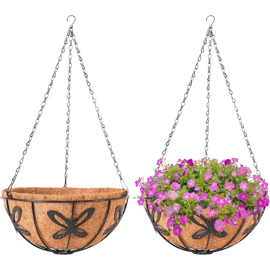

Hanging Baskets Planter for Plants 2 Pack 10 Inch Round Metal Wire Hanging Flower Pots with Coco Coir Liner Chain Plant Holder