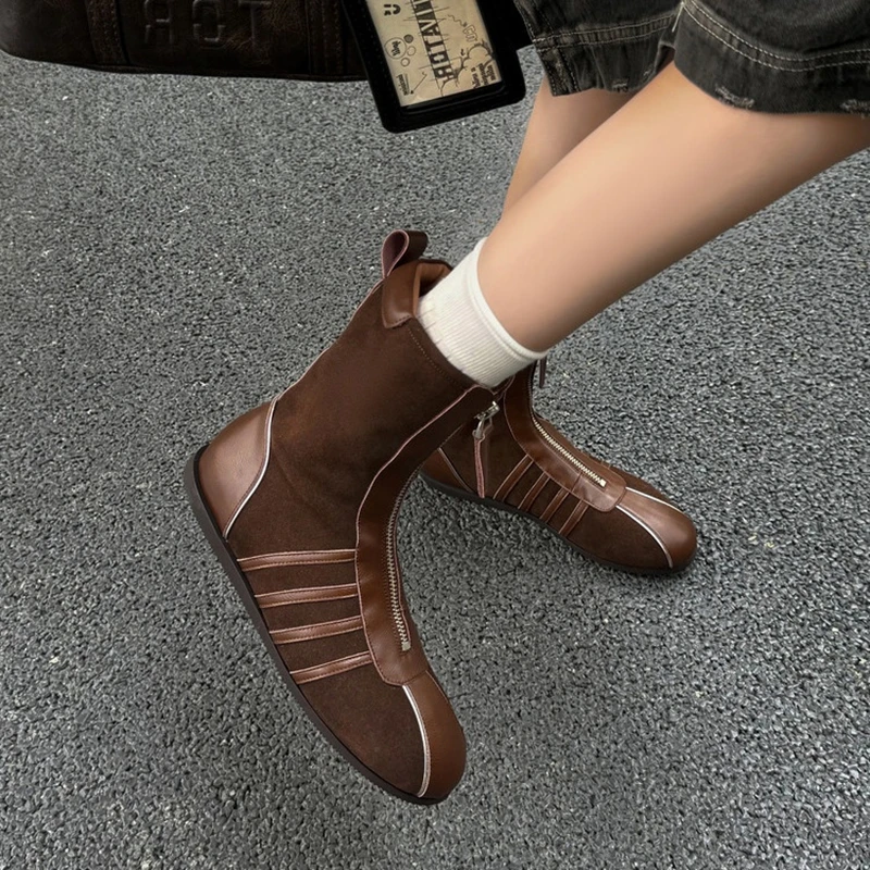 

НОВЫЕ осенние женские ботинки из коровьей замши, женская обувь с круглым носком на низком каблуке, повседневные модные ботинки на молнии, спортивная повседневная обувь