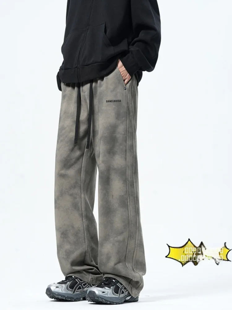 

American Dyed Pants Men's Autumn Winter Thiened Fce Loose Casual Straight Leg Drapey Floor-Length Pants Teenagers