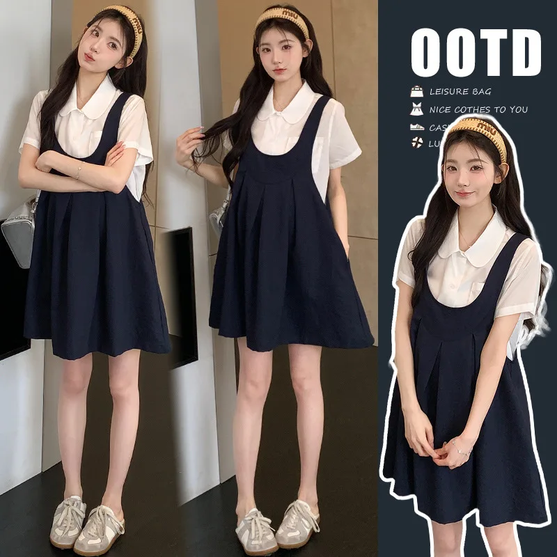 

2025Academic Style Maternity Set: Sleeveless Jumper Dress+Short-Sleeve Shirt-Youthful Two-Piece Pregnancy Outfit for Stylish Mom