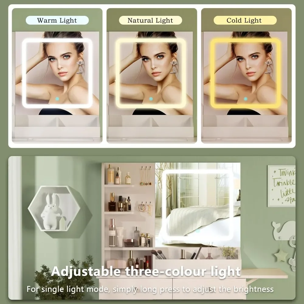 Makeup Vanity Set with Mirror And Lights - Desk with Power Strip 2 Drawers And Chair for Women Girls Bedroom Furniture,Customize