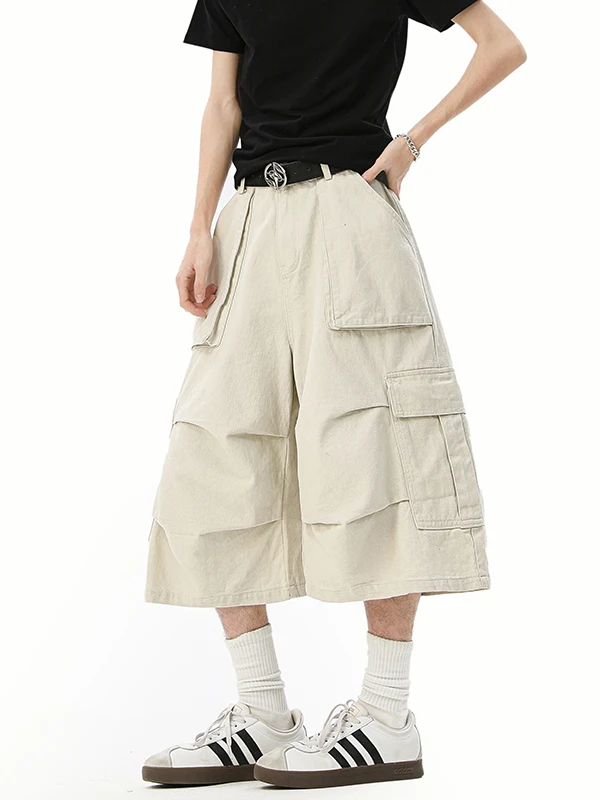 

American Sle Pleated Large ket Workwear orts Men Summer Japanese Retro Waed Loose Straight Leg Wide Leg Seven Pants