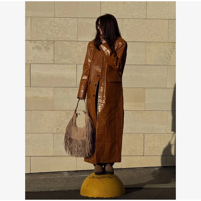 Crocodile Embossed Faux Leather Long Jackets Chic Wide Lapel Belted Waist Quarter Sleeve Loose Coat Women Street Chic Outfits
