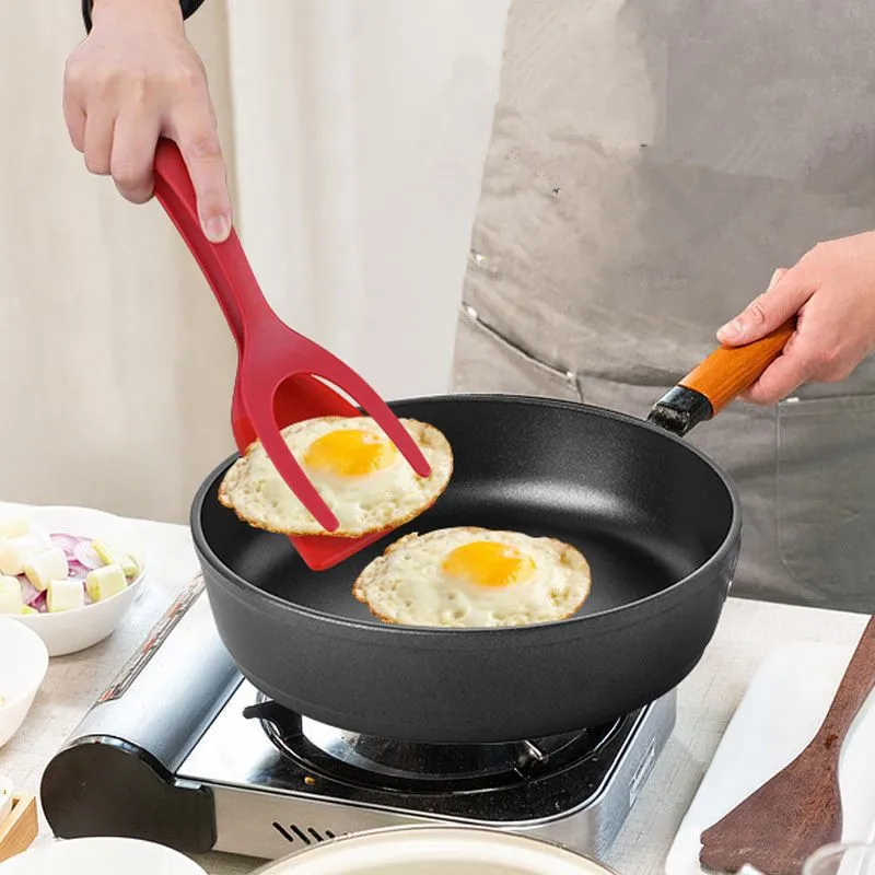 Espátula multifunción 2 en 1 de nailon con agarre, pinzas antiadherentes para huevo, bistec, tostada, jamón, frito, Turners, accesorios de cocina novedosos