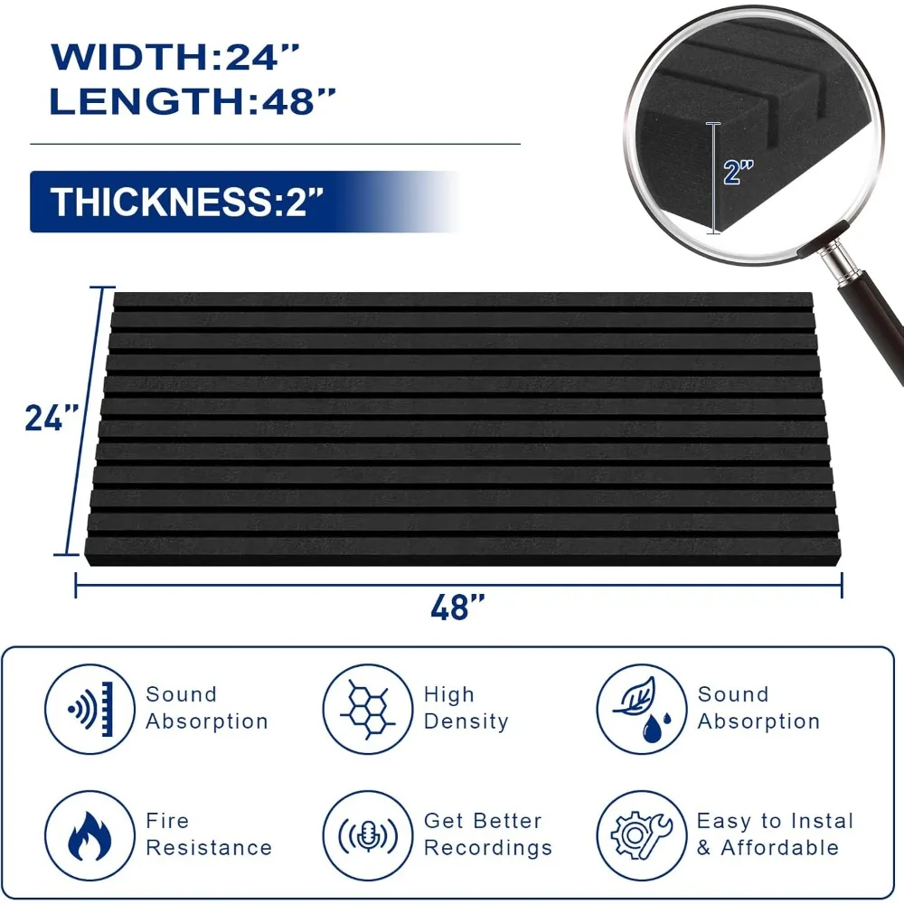 Paneles de espuma acústica, 48 x 24 x 2 pulgadas, paquete de 4 paneles de pared de espuma insonorizados, estudio con cancelación de ruido de alta densidad para absorber el eco