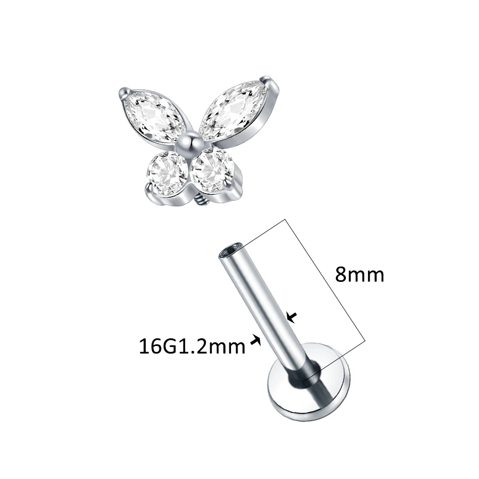 1/5PCS Titanium Labret Piercing Butterfly Tragus Earring Ear Stud Crystal Zircon Lip Cartilage Helix Medusa Monroe Piercings 16G