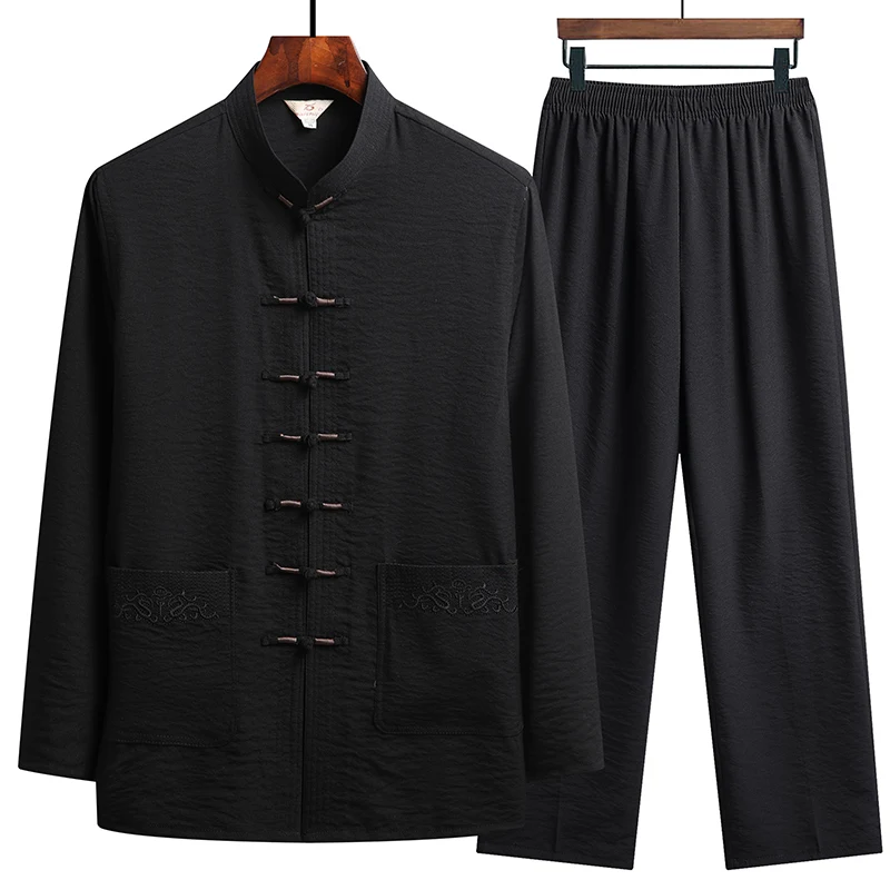 Chinese Style Cotton Linen Tang Suit Casual  Spring Autumn Men\'s Long-sleeved Shirt Pants Two-pieces Fashion Men Sets