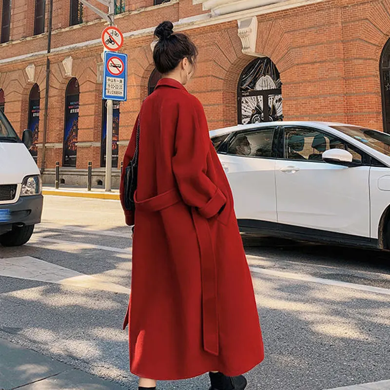 Gabardina de lana gruesa para mujer, Chaqueta larga con cordones rojos, abrigo negro informal, elegante, moda coreana, Invierno