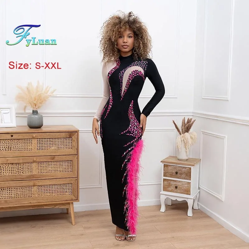 

Модная женская одежда, черное длинное платье с длинным рукавом, горячее бриллиантовое платье макси для ночного клуба, полувысокий воротник, утягивающее женское вечернее платье