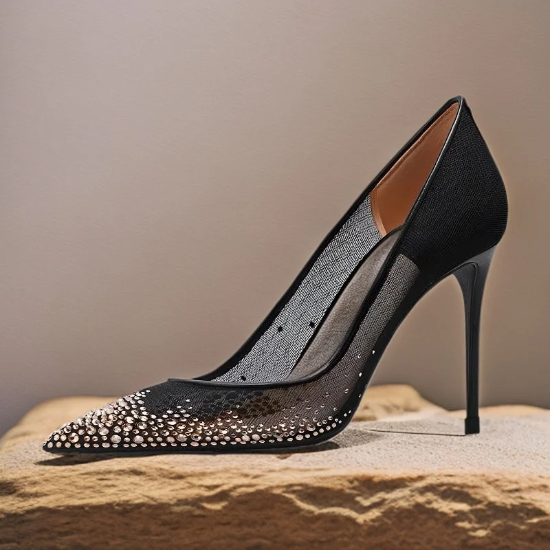 Black Nude Crystal Perspective Mesh Pointed Toe High Heel Women Lady Party Luxury Brand TOMONYE Elegant Sexy Dress Shoes On Sale