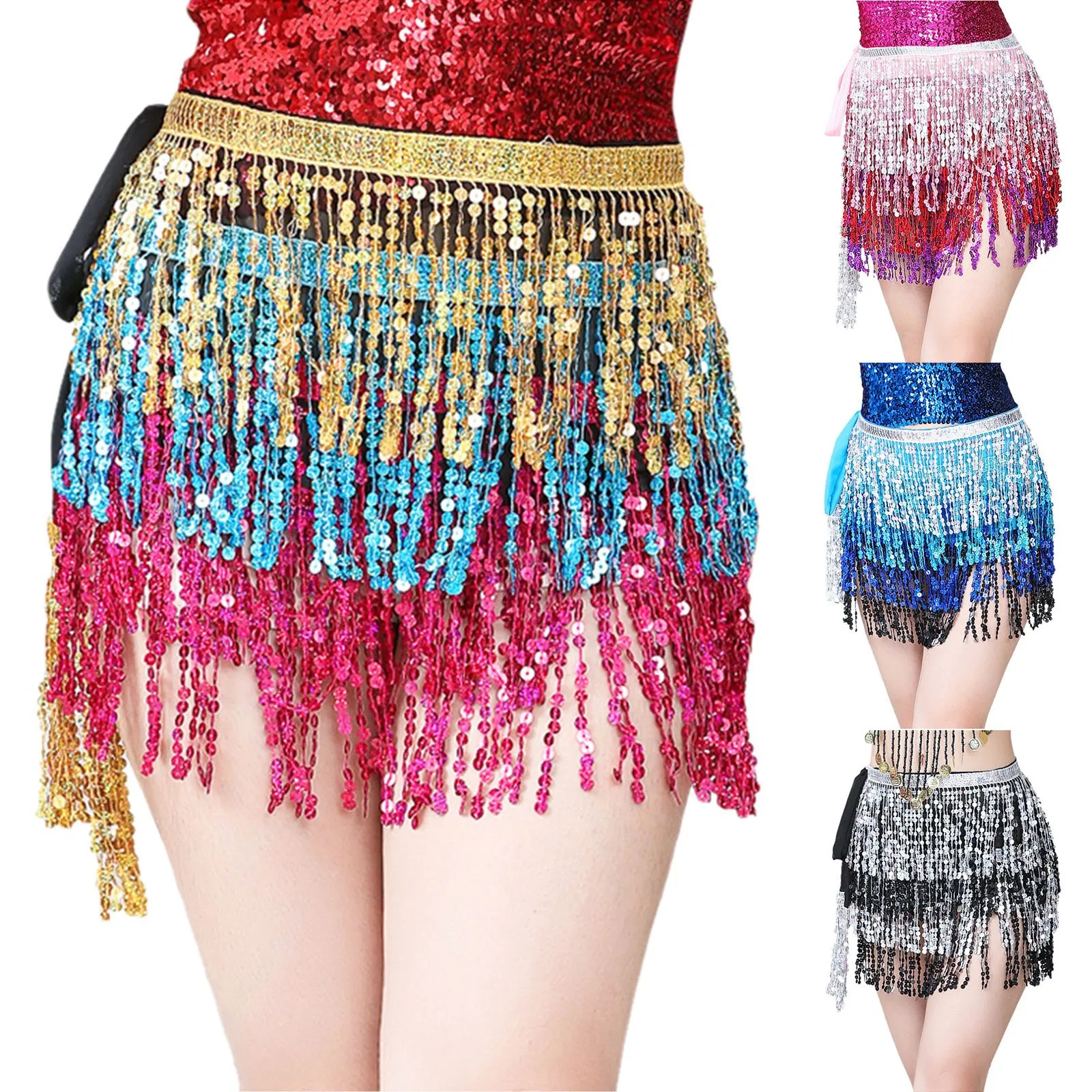 

Sexy Belly Dance Layer Skirt Sequins Chain Tassel Belts Clubwear Latin Hula Dance Practice Dress Performance Hip Waist Scarf