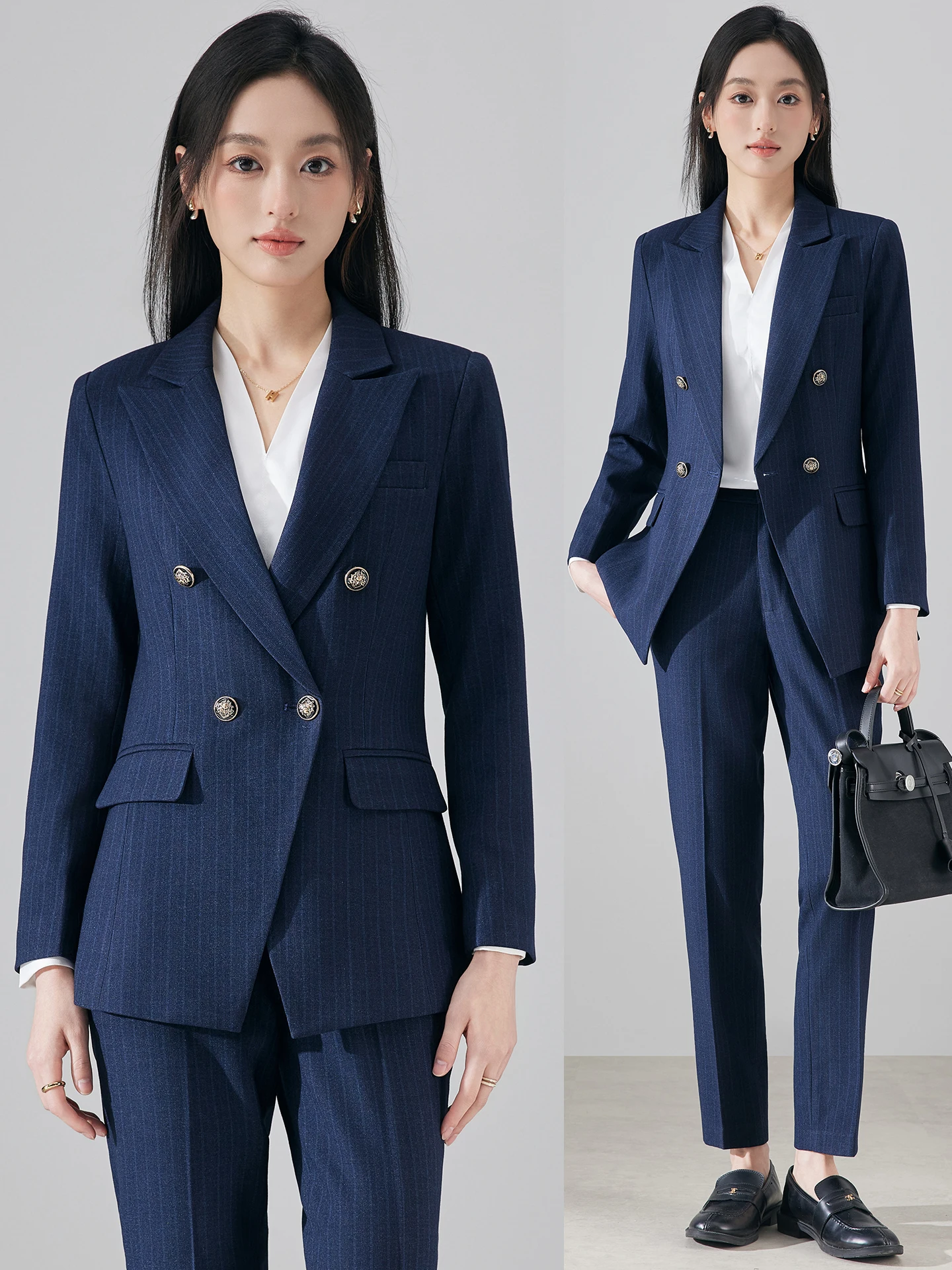 

Blue Striped Women's Suit Set Professional Hotel Manager Formal High End Career Workwear Jacket And Pants Commute Style Slim Fit