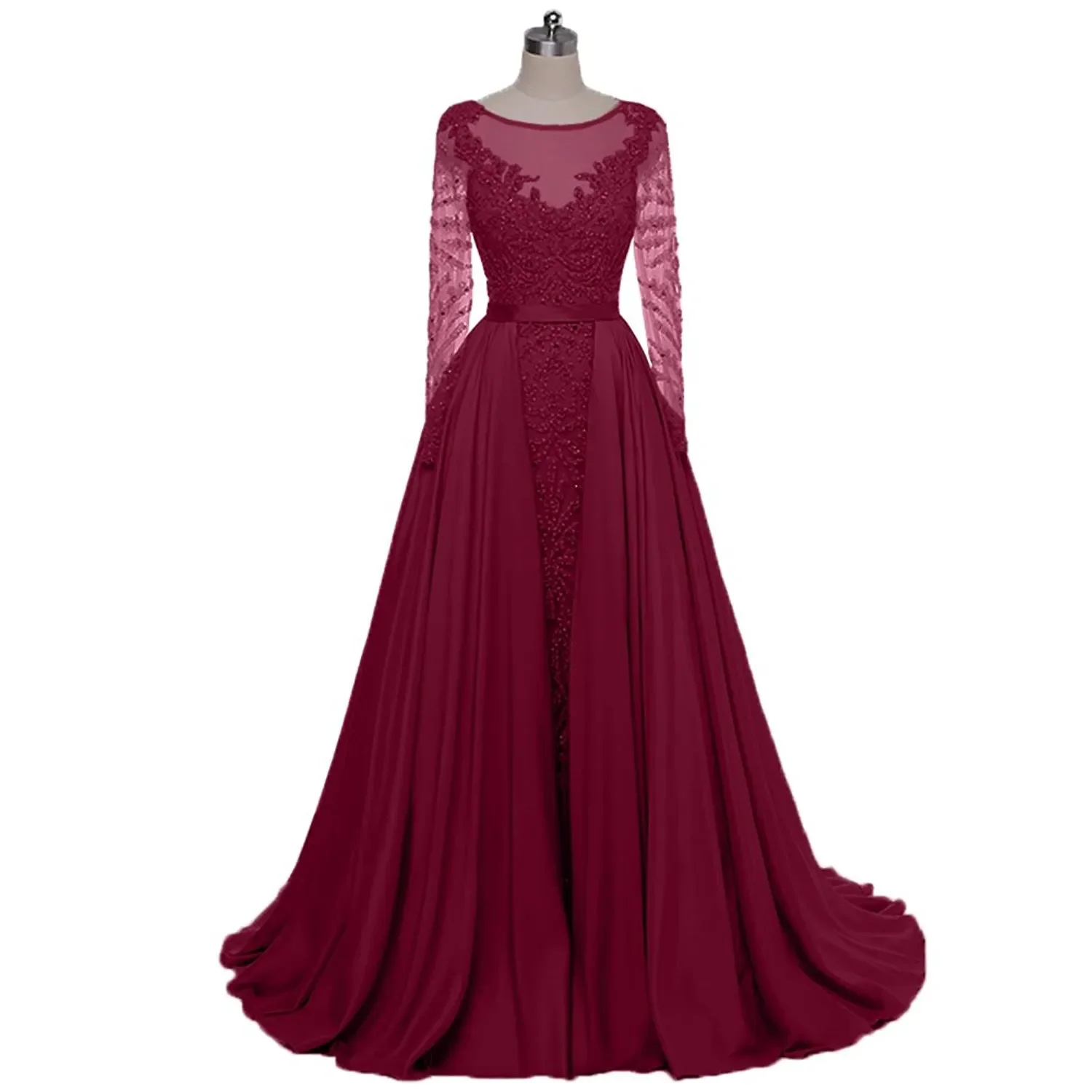 New High Quality Wine Red Evening Dresses Heavy Handmade Long Sleeve Dance Party Dresses bean Paste Long Tail Prom Dresses HY290