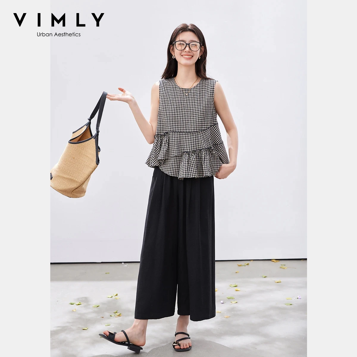 

VIMLY Women's Vintage Plaid Linen Blend Pant Set Asymmetrical Ruffle Hem Sleeveless Shirt Cropped Wide Leg Pant Two-Piece A6071