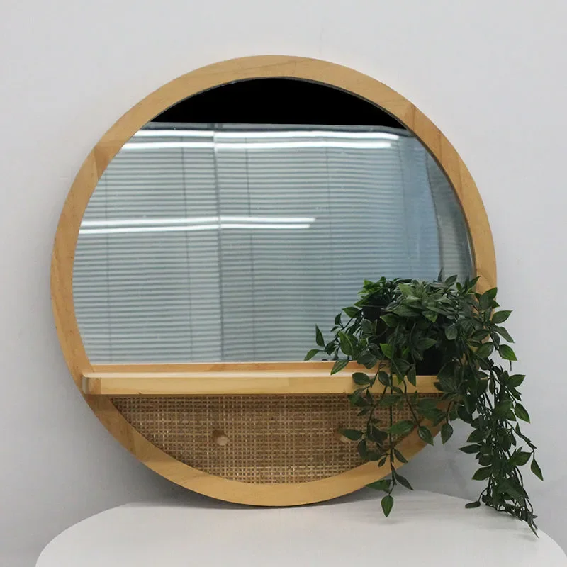 for Nordic Style Solid Wood Makeup Mirror Wall Hanging Decorative Rattan Mirror for Bedroom Dressing Table Entrance