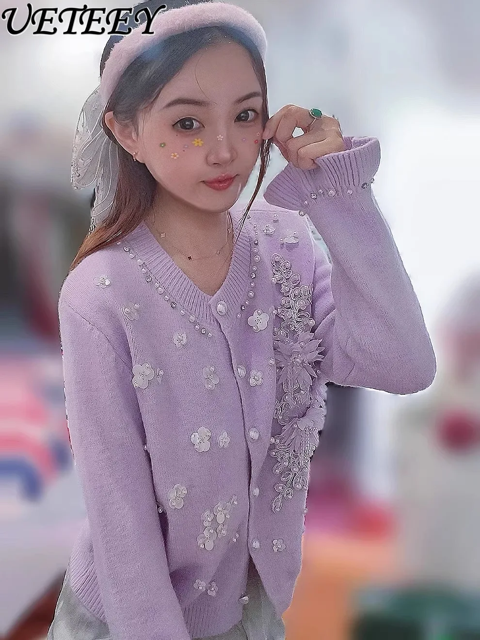 

Тяжелый бисер, трехмерный маленький цветочный сказочный свитер, пальто, модный свободный вязаный топ, кардиган, женский осенне-зимний свитер