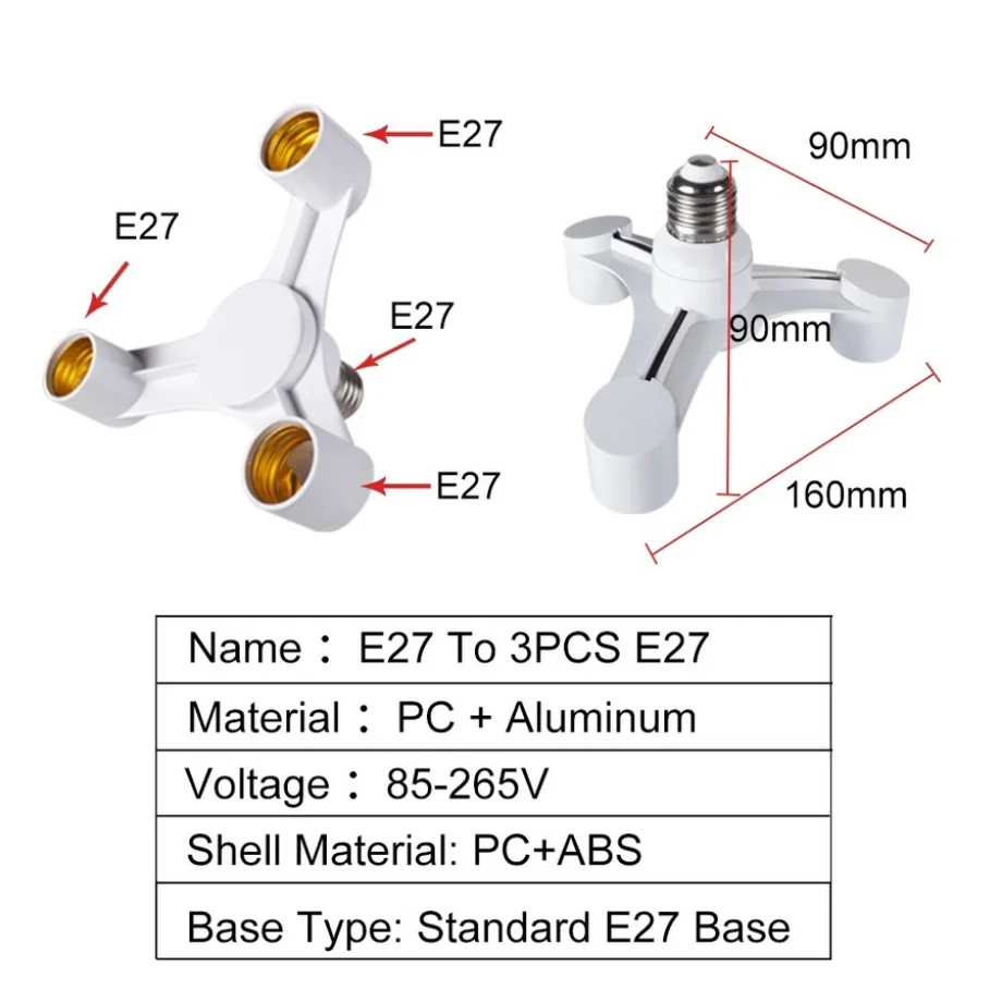 YzzKoo 3 In 1 E27 to 3-E27 Extended LED Lamp Bulbs Socket Splitter Adapter Holder Lamp Bulbs Socket For Photo Studio