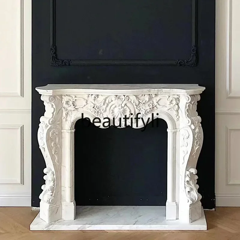 P French stone fireplace TV decoration villa, relief marble natural white marble professional stone carving customization