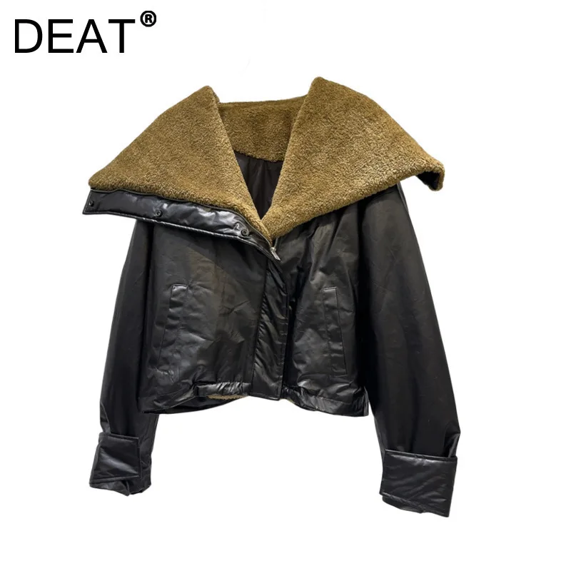 DEAT Women\'s Coat Sailor Color Diagonal Zipper Loose Black Cotton-padded Motorcycle Jackets 2024 Winter New Fashion 29L8751